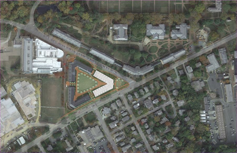An aerial depicting the placement of Cedar Hall, which completed the Lemon-Hardy Triangle. (Courtesy of VMDO Architects)