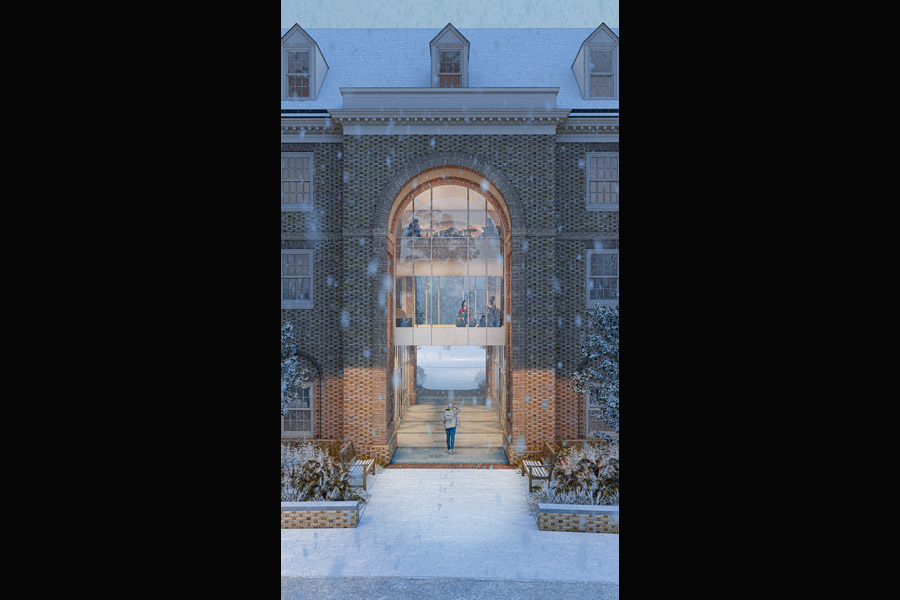 A rendering of the Cedar Hall entryway on a snowy day. (Courtesy of VMDO Architects)