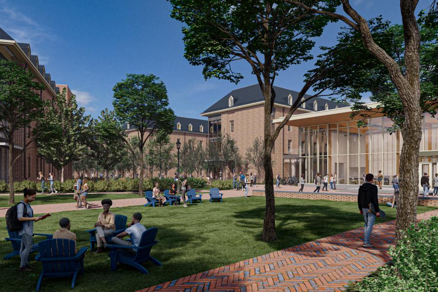 West Woods shapes a welcoming, residential-scaled village within a new neighborhood in a five-building complex. (Courtesy of VMDO Architects)