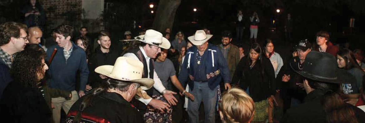 William &amp; Mary campus student event Brafferton Stomp Dance, 2016, with visiting delegates from Oklahoma (Delaware, Seneca-Cayuga, Shawnee, Wyandot, and Yuchi). Photo: Lex Roland.