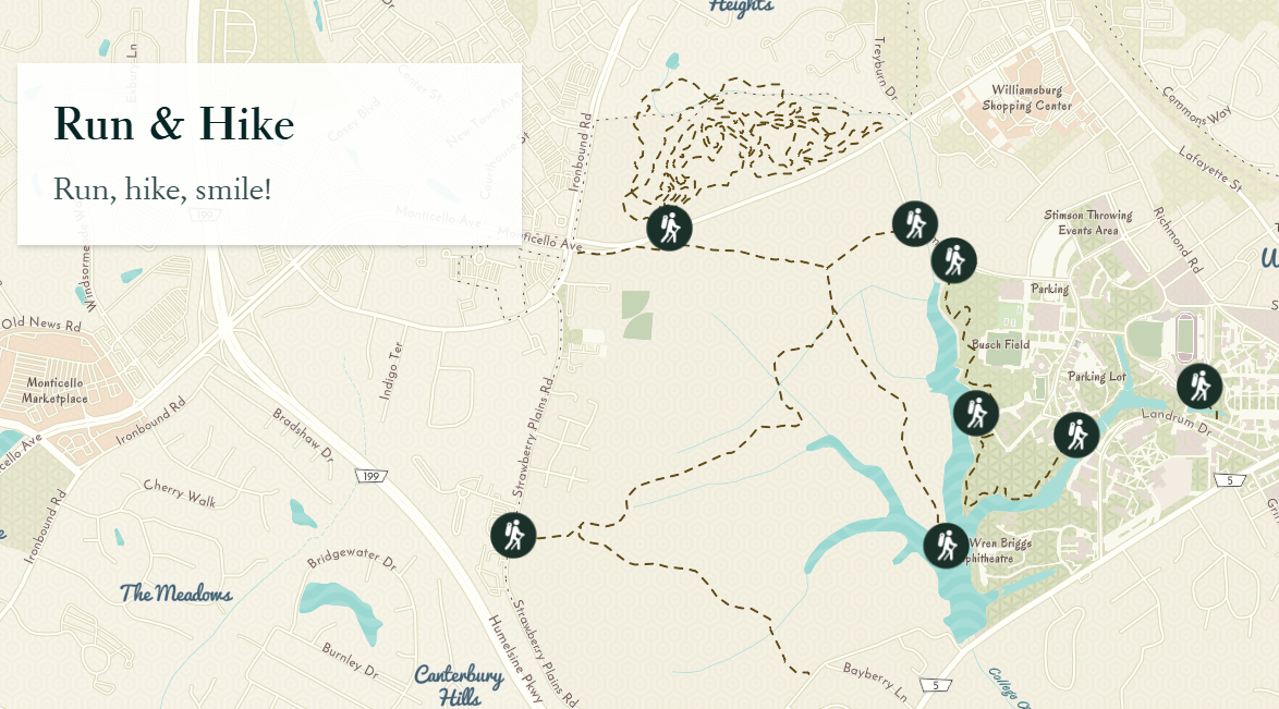 PERL@ W&M developed the GreenSpace Map that identifies trails, a tree tour, and more. There is also a mobile version integrated with W&M's mobile phone app.